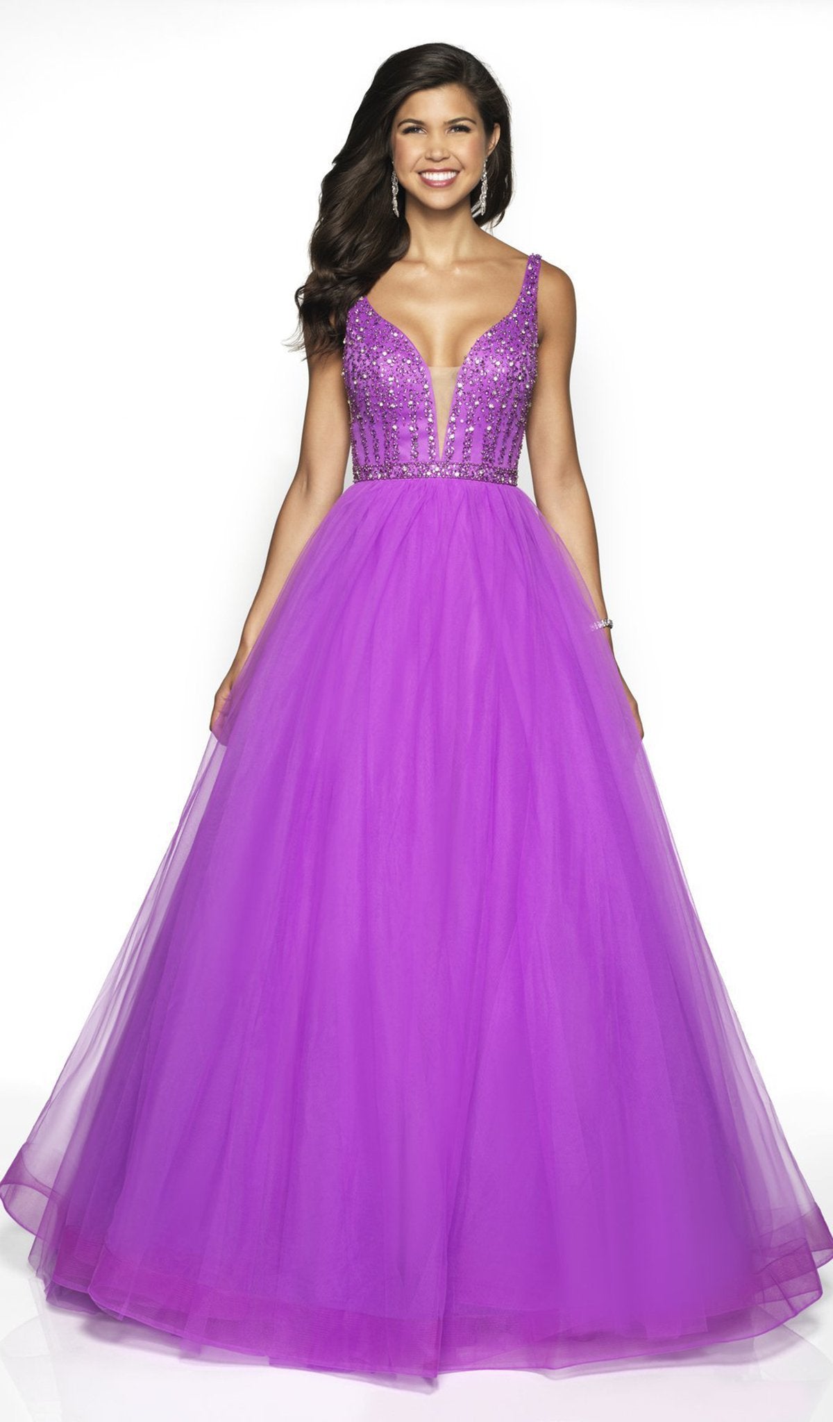 Blush by Alexia Designs - 5707 Beaded Deep V-neck Tulle Ballgown In Purple
