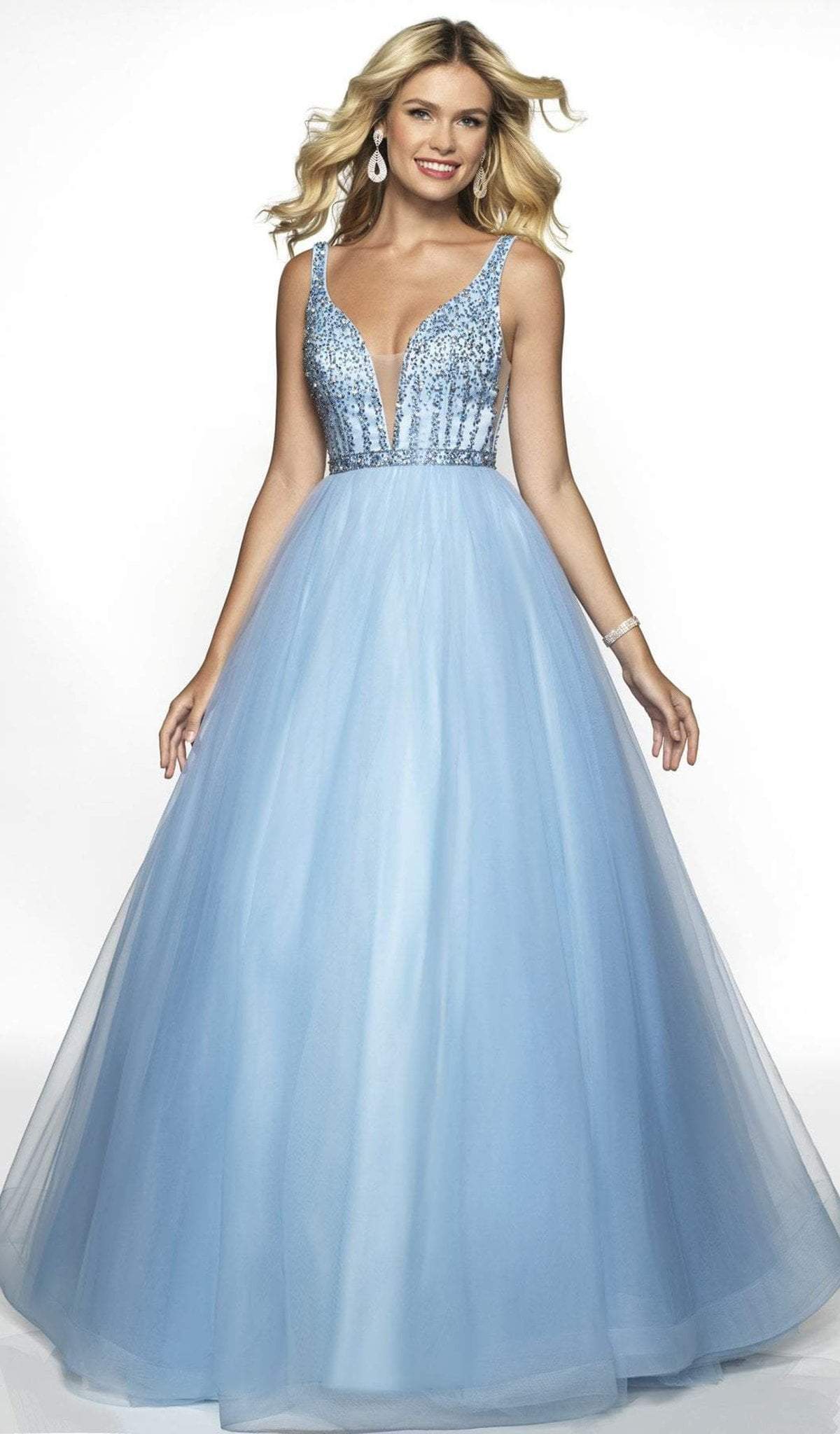 Blush by Alexia Designs - 5707 Beaded Deep V-neck Tulle Ballgown In Blue