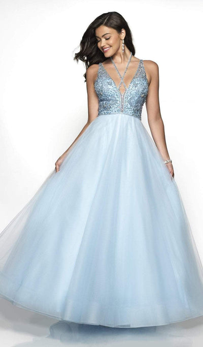 Blush by Alexia Designs - 5716 Beaded Plunging Halter V-neck Ballgown In Blue