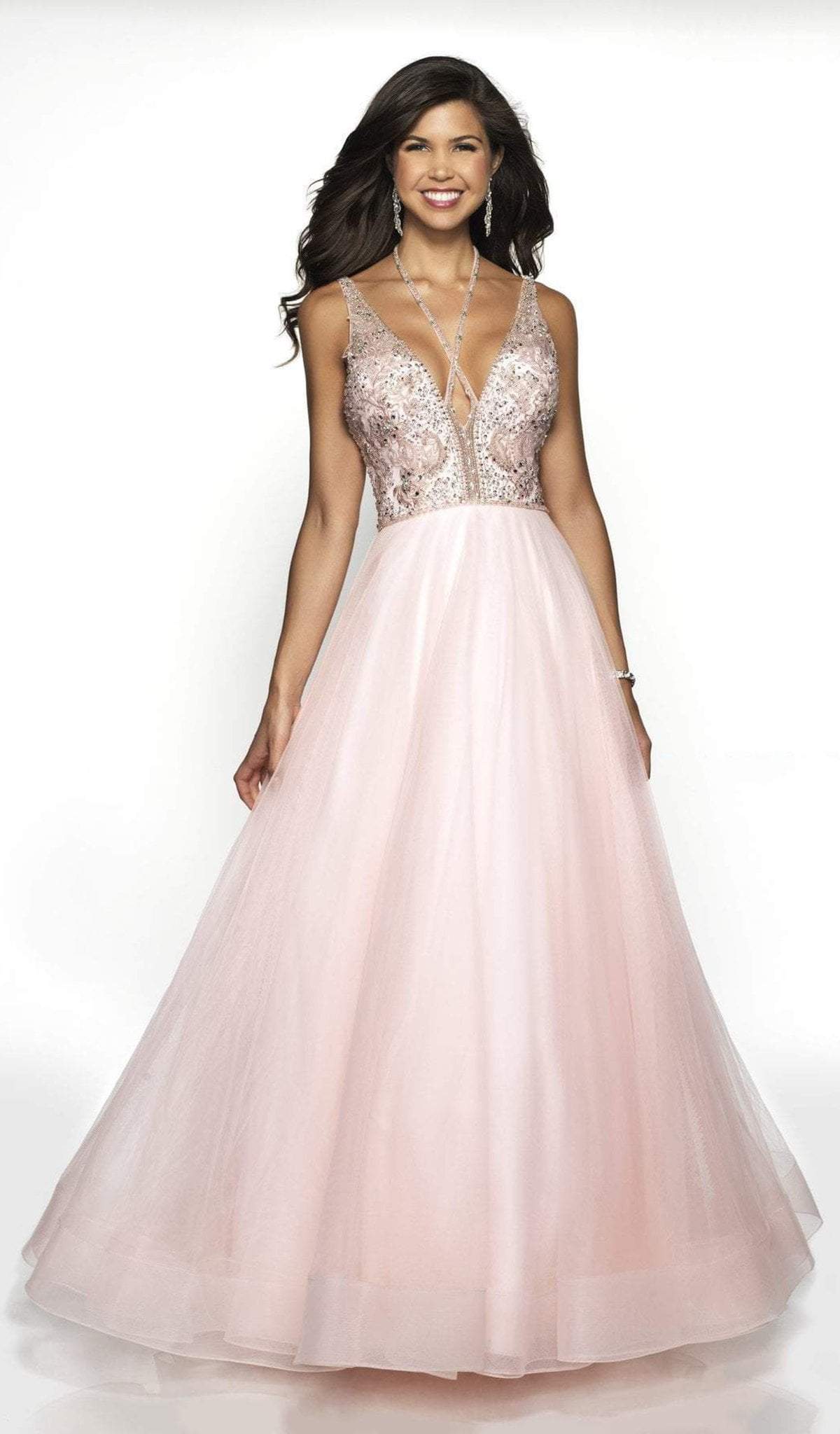 Blush by Alexia Designs - 5716 Beaded Plunging Halter V-neck Ballgown In Pink