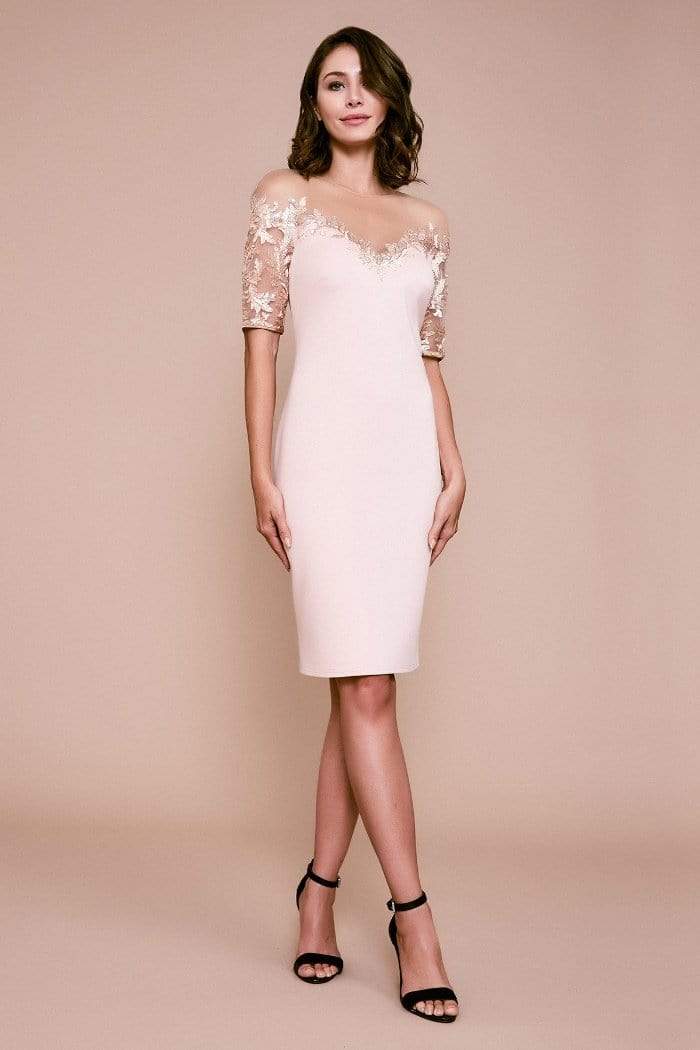Tadashi Shoji - Illusion Off Shoulder Sheath Cocktail Dress Cocktail Dresses 00 / Rosewater