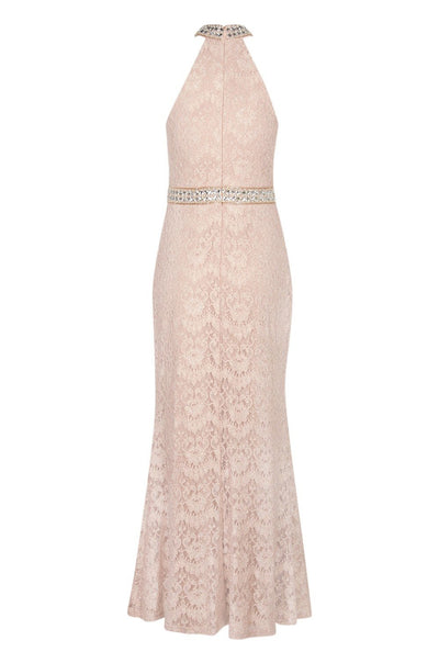 Cachet - 57808 Jeweled Collar Halter Lace Gown In Neutral