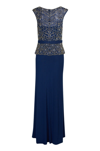 Cachet - 58245 Embellished Bodice Peplum Sheath Gown In Blue and Gold