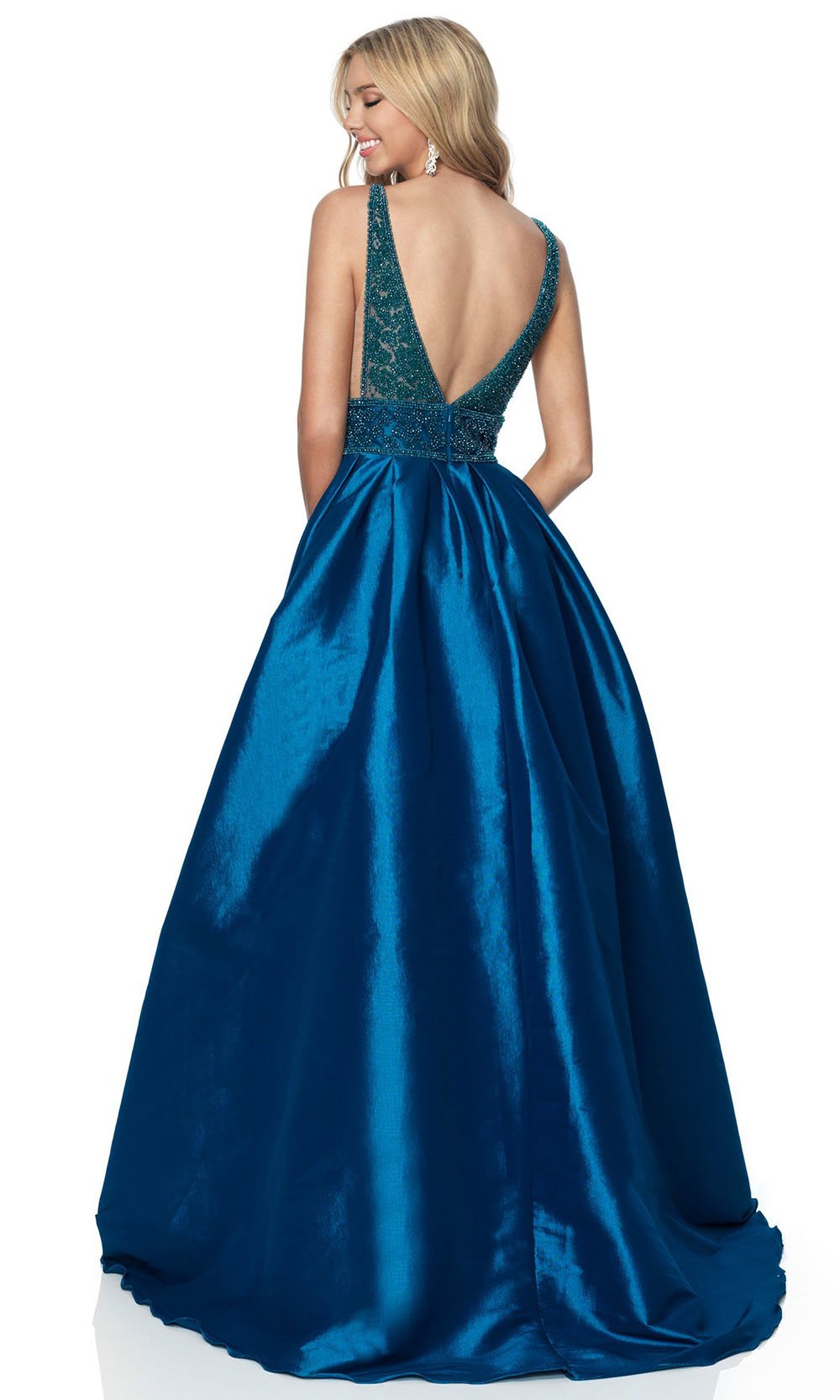 Pink by Blush - Sleeveless Beaded Bodice Stretch Taffeta Gown 5836SC In Blue