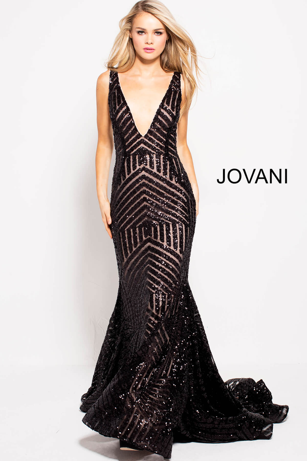 Jovani - Plunging Gown 59762SC In Black