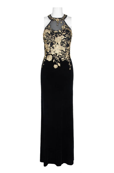 Cachet - 59820 Gilt Floral Embroidered Illusion Halter Gown In Black and Gold