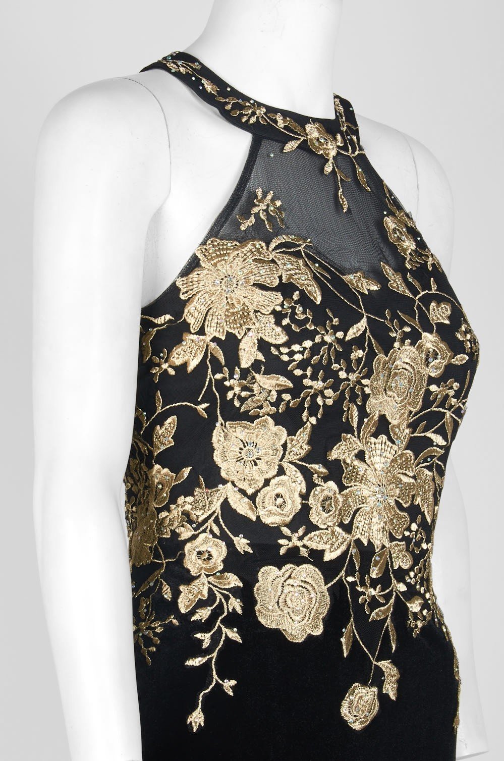 Cachet - 59820 Gilt Floral Embroidered Illusion Halter Gown In Black and Gold