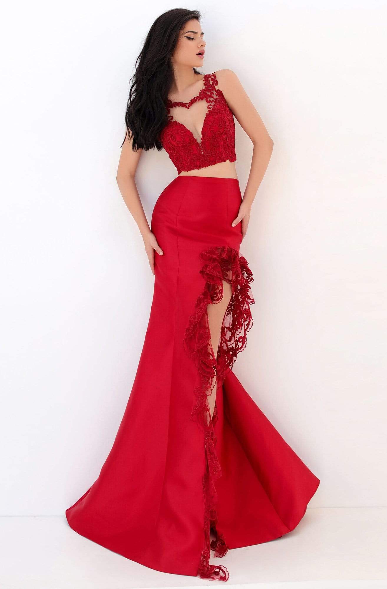 Tarik Ediz - 50696 Two-Piece Ruffle Lace Trimmed High Slit Gown Prom Dresses 0 / Red