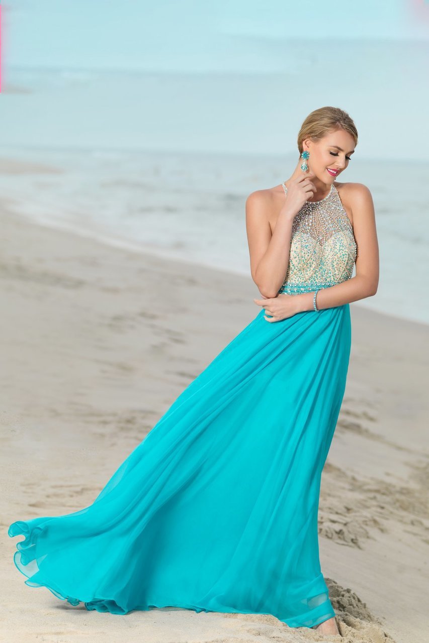 Blush - Beaded Halter Neck Chiffon Gown 11052 in Blue