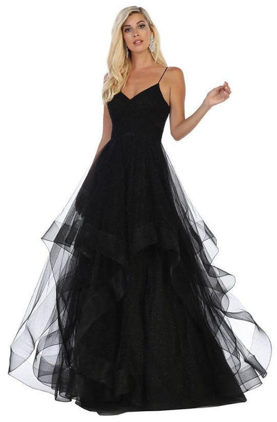 May Queen - Crisscross Rendered Glitter Ruffled Evening Dress RQ--7658 In Black