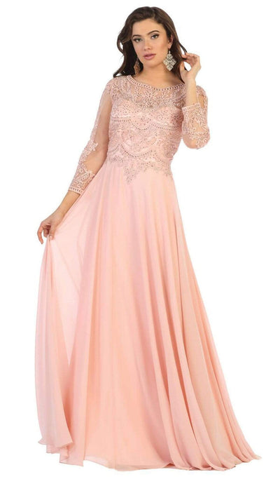 May Queen - MQ1615B Applique Long Sleeve A-line Dress In Pink
