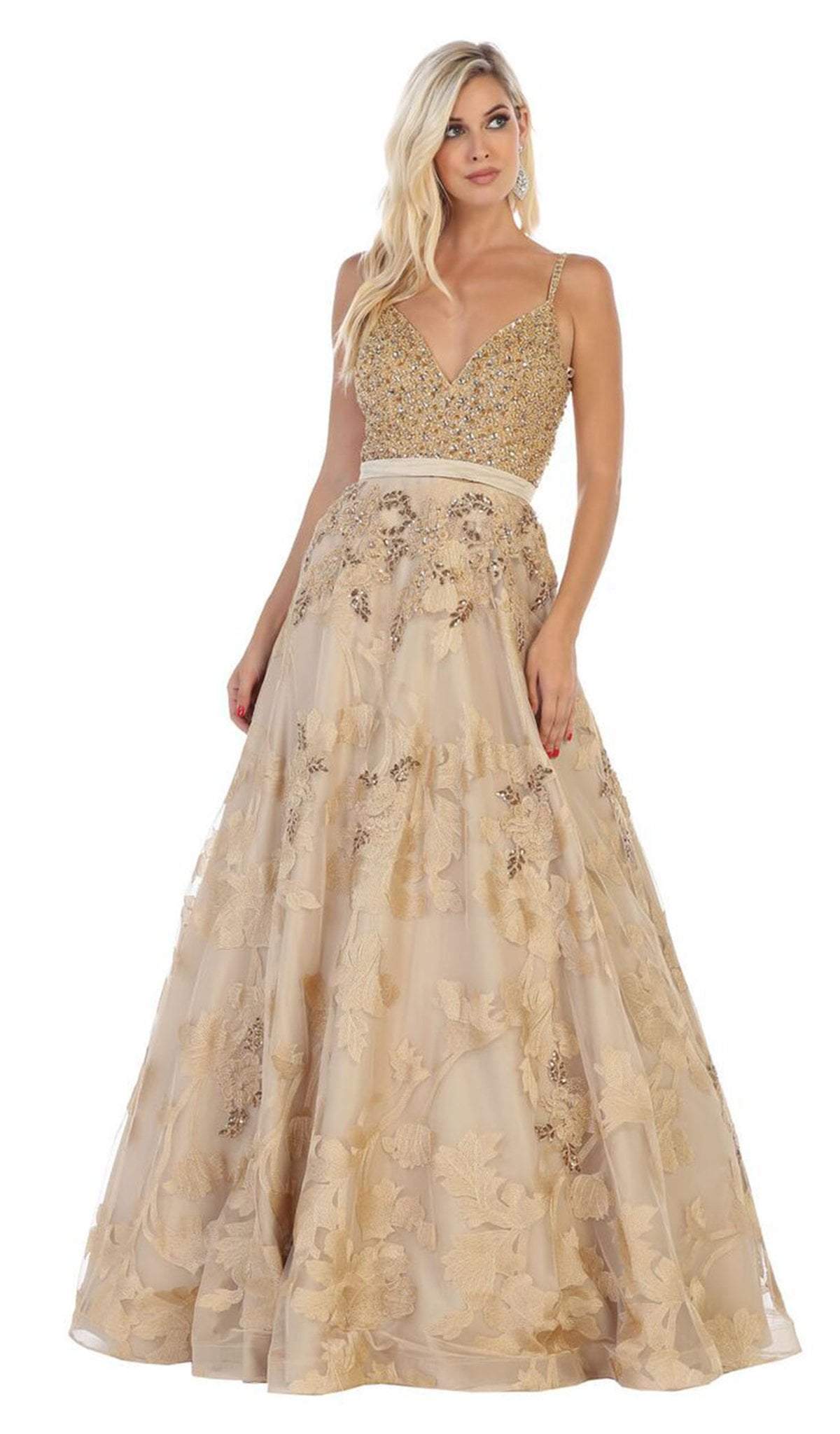 May Queen - RQ-7636 Embellished Plunging V-neck A-line Dress In Gold