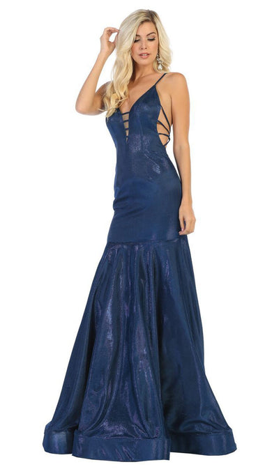 May Queen - RQ7739 Strappy Plunging V-Neck Trumpet Dress In Blue