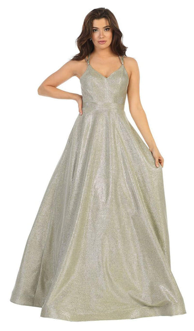 May Queen - RQ7751 V-neck A-line Gown with Cutouts In Silver