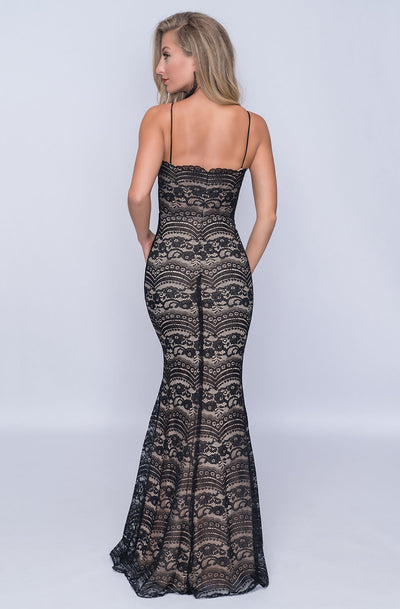 Nina Canacci - 4190 Plunging V Neck Lace Mermaid Dress In Black And Nude