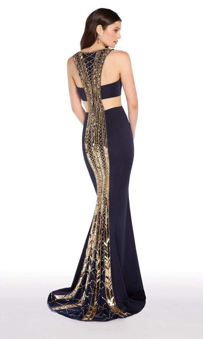 Alyce Paris - 60008 Metallic Beaded Racerback Sheath Gown In Blue and Gold