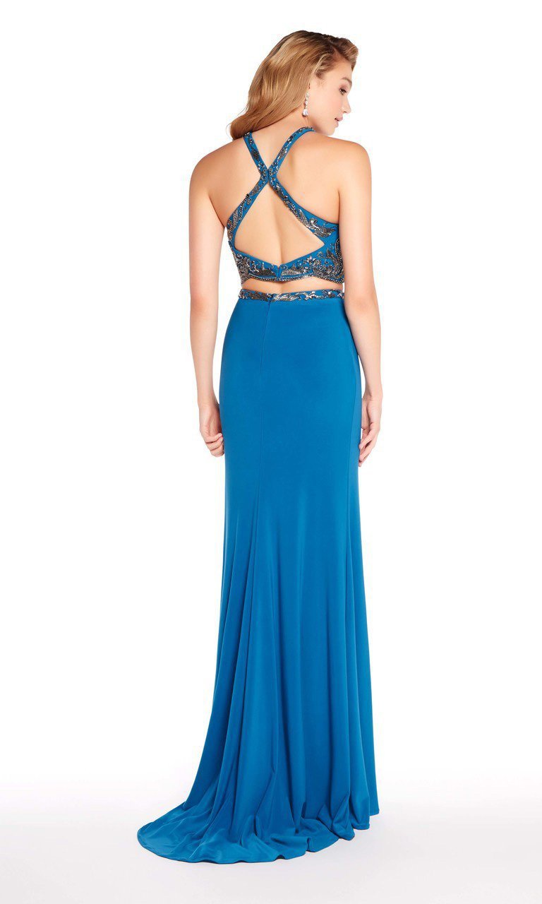Alyce Paris - 60018 Two-Piece Cutout Bodice Halter Jersey Gown In Blue and Green
