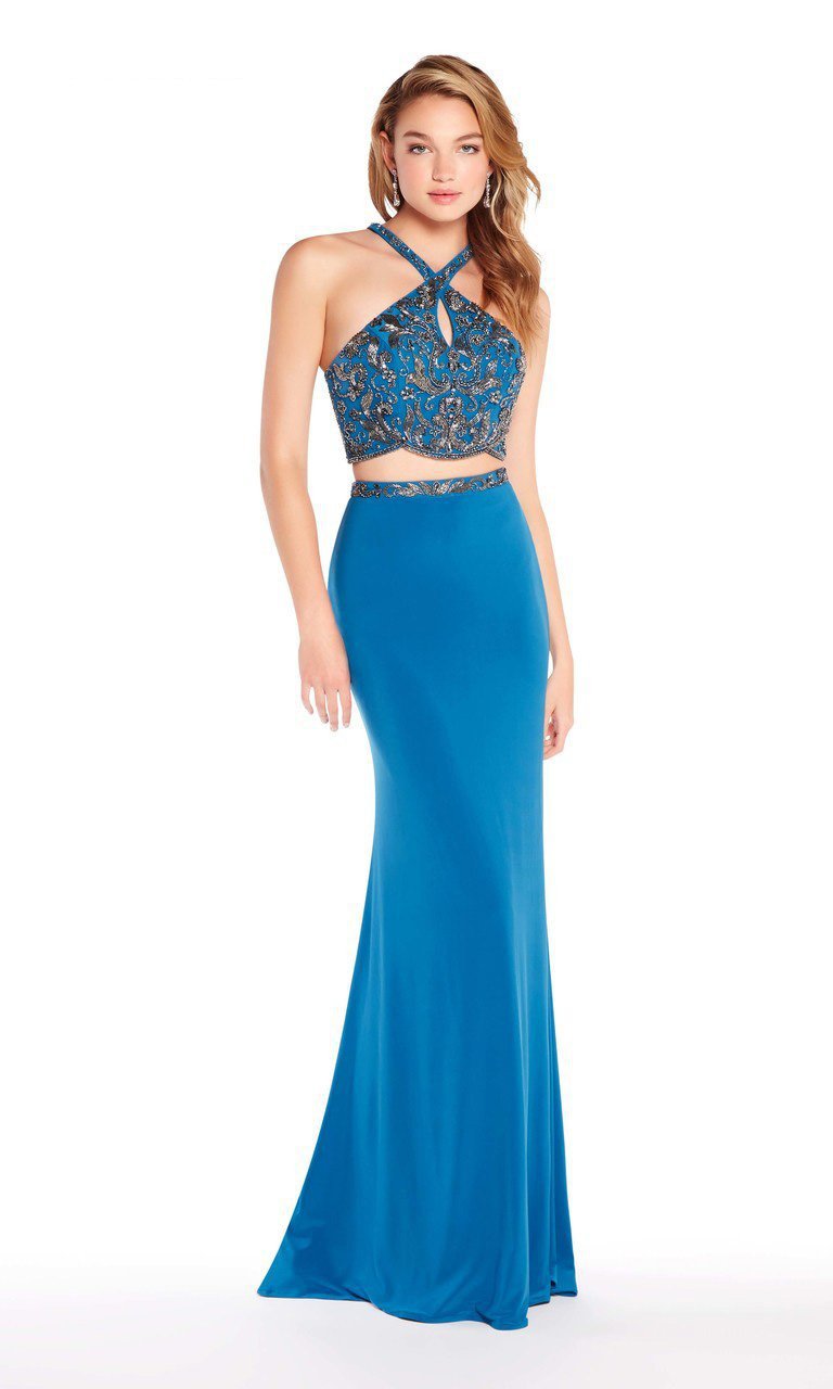 Alyce Paris - 60018 Two-Piece Cutout Bodice Halter Jersey Gown In Blue and Green