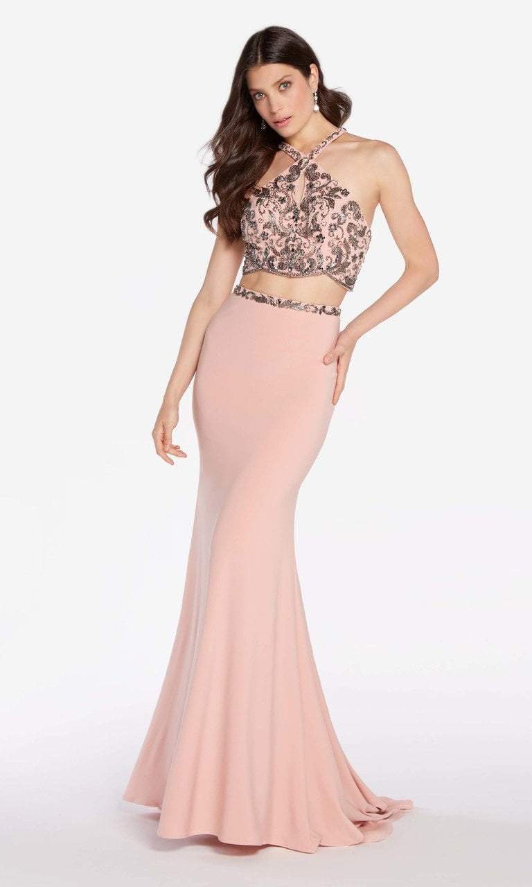 Alyce Paris - 60018 Two-Piece Cutout Bodice Halter Jersey Gown In Pink