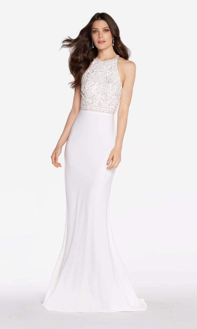 Alyce Paris - 60023 High Halter Floral Beaded Strappy Sheath Gown In White