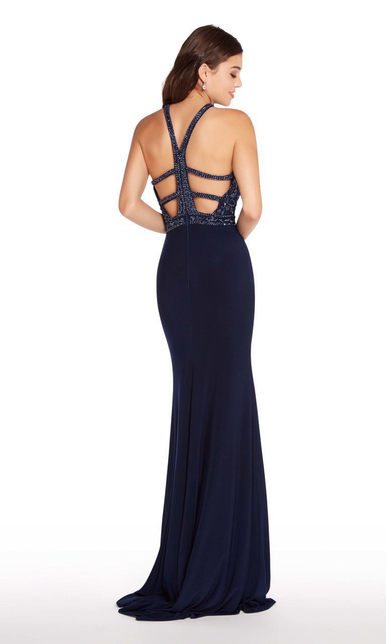 Alyce Paris - 60023 High Halter Floral Beaded Strappy Sheath Gown In Blue