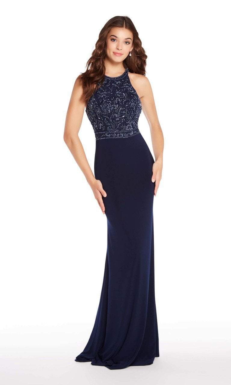 Alyce Paris - 60023 High Halter Floral Beaded Strappy Sheath Gown In Blue