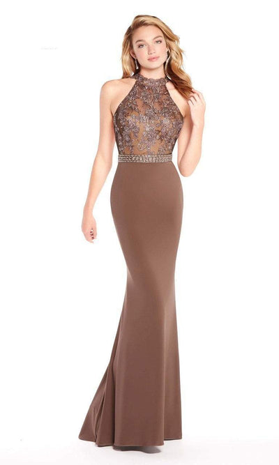 Alyce Paris - 60024 Floral Beaded Illusion High Halter Mermaid Gown In Brown and Gray