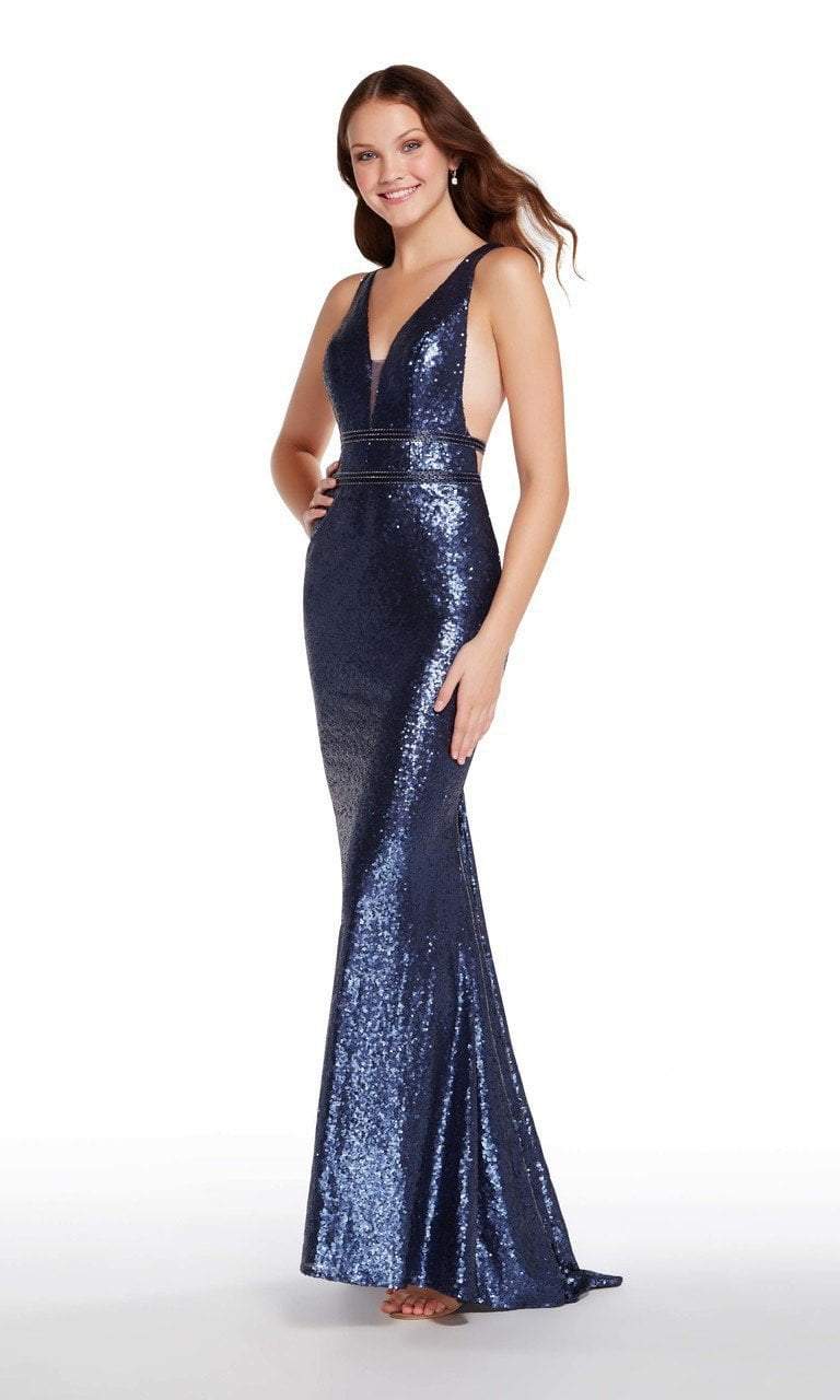 Alyce Paris - 60036 Long Sequined Plunging V-Neck Sheath Gown in Blue
