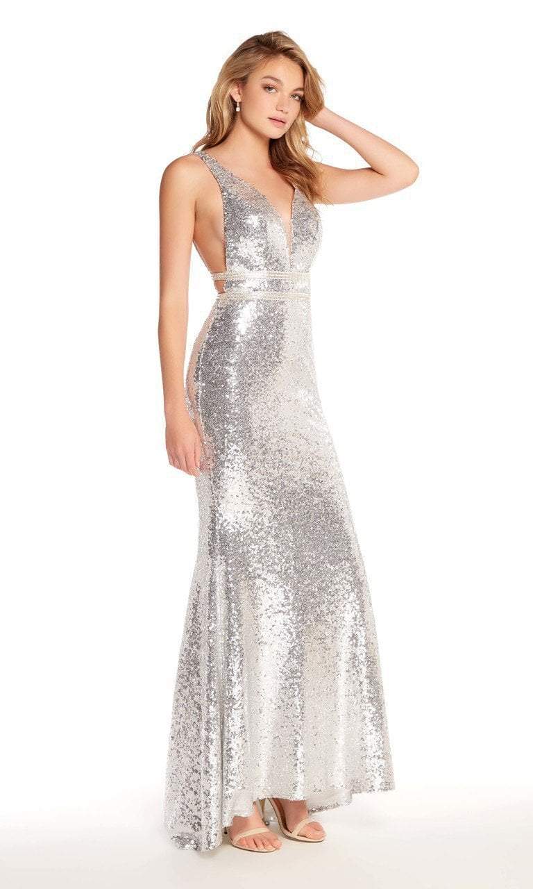 Alyce Paris - 60036 Long Sequined Plunging V-Neck Sheath Gown in Silver
