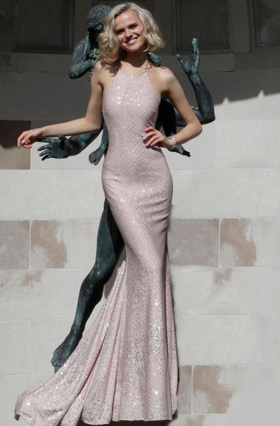 Jovani - JVN60137 Sequined Jersey Halter Long Gown In Pink