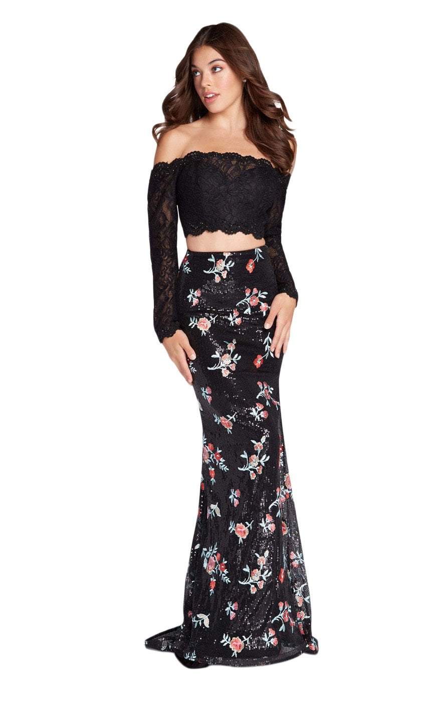 Alyce Paris - 60187 Lace Off-Shoulder Two-Piece Sheath Gown In Black