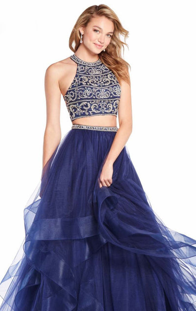 Alyce Paris - 60209 Two Piece Halter Strappy Ballgown In Blue and Gold