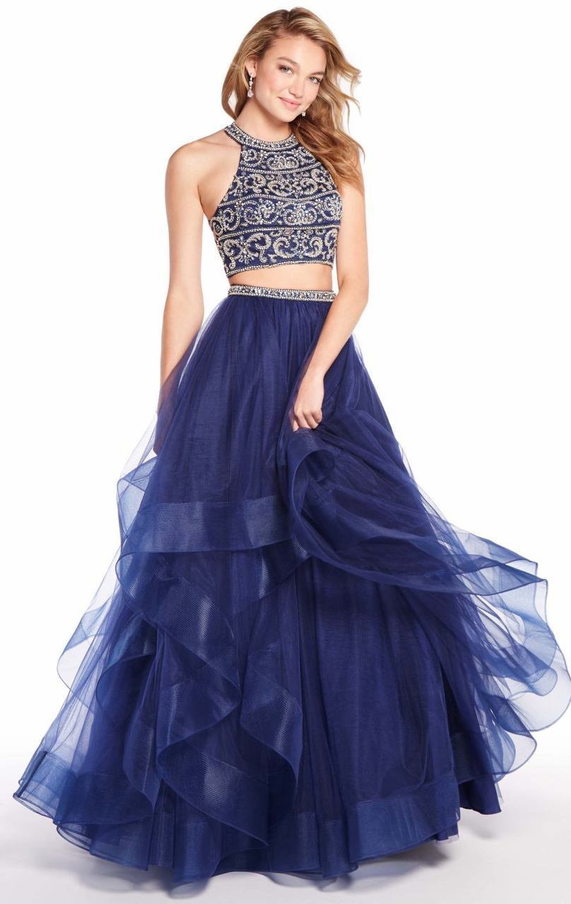 Alyce Paris - 60209 Two Piece Halter Strappy Ballgown In Blue and Gold