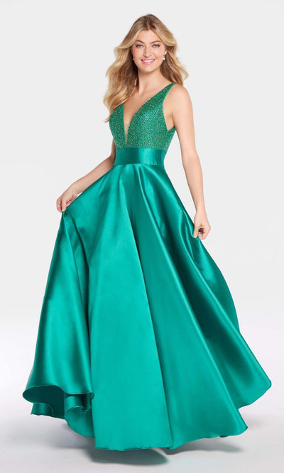 Alyce Paris - 60224 Beaded Plunging V-Neck Mikado Ballgown In Green
