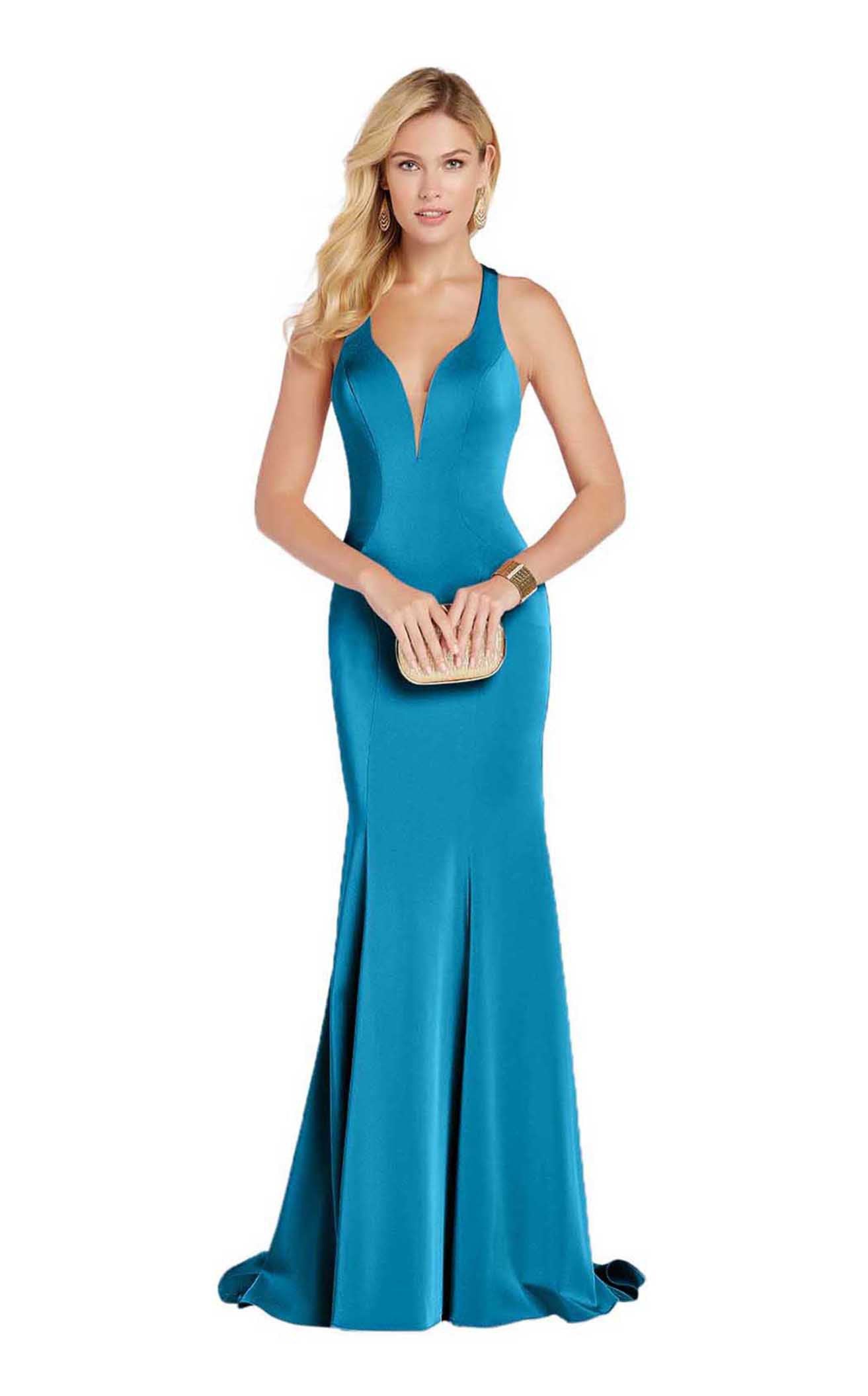 Alyce Paris - 60281 Deep Halter V-neck Stretch Crepe Trumpet Dress in Blue