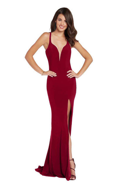 Alyce Paris - 60282 Deep V-neck Jersey Sheath Dress With Train In Red