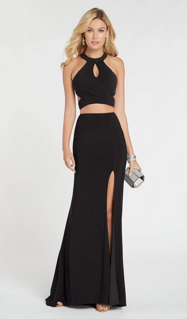 Alyce Paris - 60284 Two Piece Halter Top Sheath Evening Dress with Slit In Black