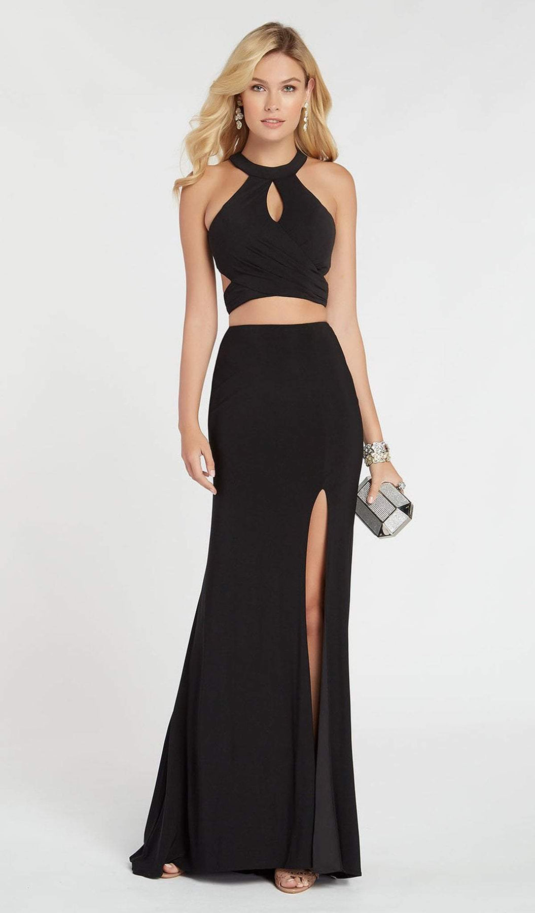 Alyce Paris - 60284 Fitted Two Piece Halter Jersey Dress with Slit In Black