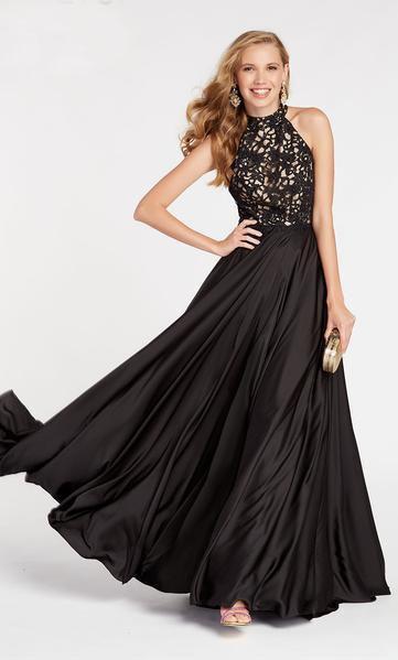 Alyce Paris - 60298 High Halter Pleated A-Line Evening Dress In Black and Nude
