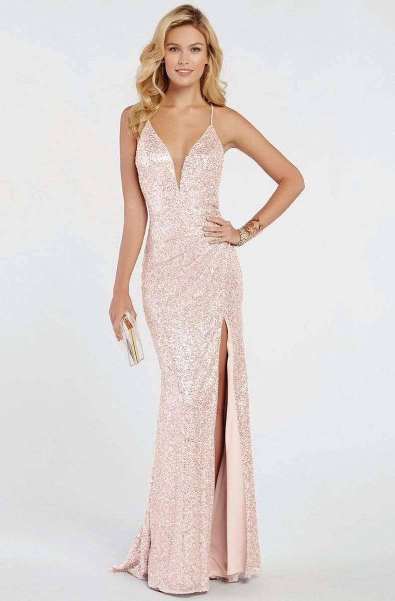 Alyce Paris - 60304 Sequined Deep V-neck Trumpet Dress Evening Dresses 000 / Rose Gold