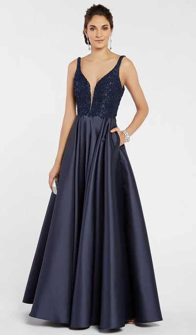 Alyce Paris - 60332 Plunging Scooped Back Lace A-Line Gown In Blue
