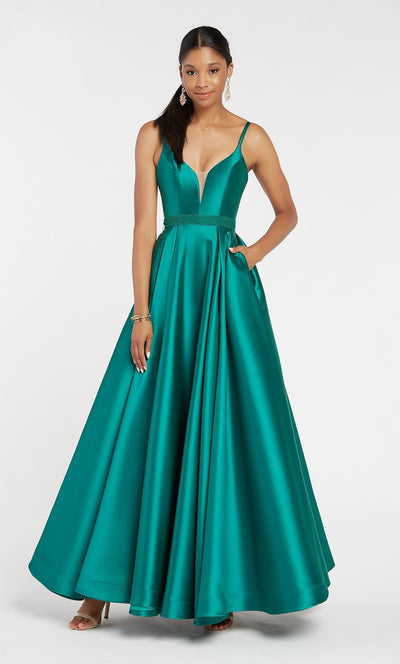Alyce Paris - 60345 Sleeveless Low V Neck Illusion Mikado A-Line Gown In Green