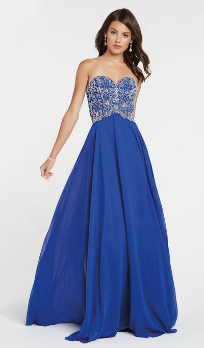 Alyce Paris - 60351 Beaded Strapless Sweetheart Chiffon Gown In Blue and Silver