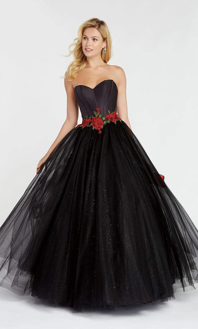 Alyce Paris - 60363 Mikado Sweetheart Floral Applique Tulle Ballgown In Black