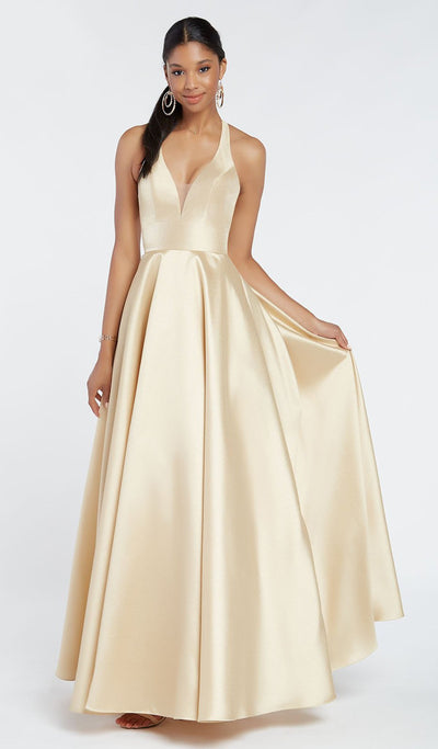 Alyce Paris - 60393 Halter Neck Vibrant Shantung A-Line Prom Dress In Gold