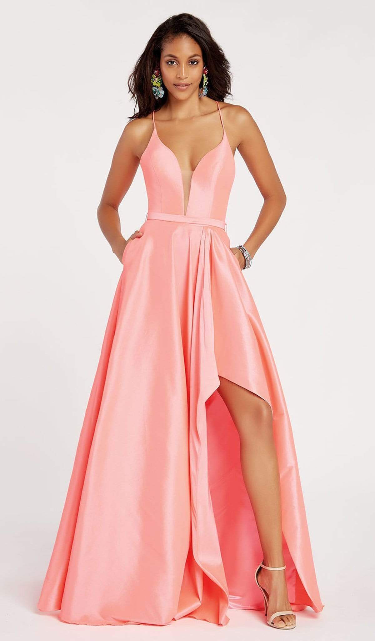 Alyce Paris - 60394 Illusion Plunging Neck High-Low Taffeta Prom Dress Special Occasion Dress 00 / New Coral