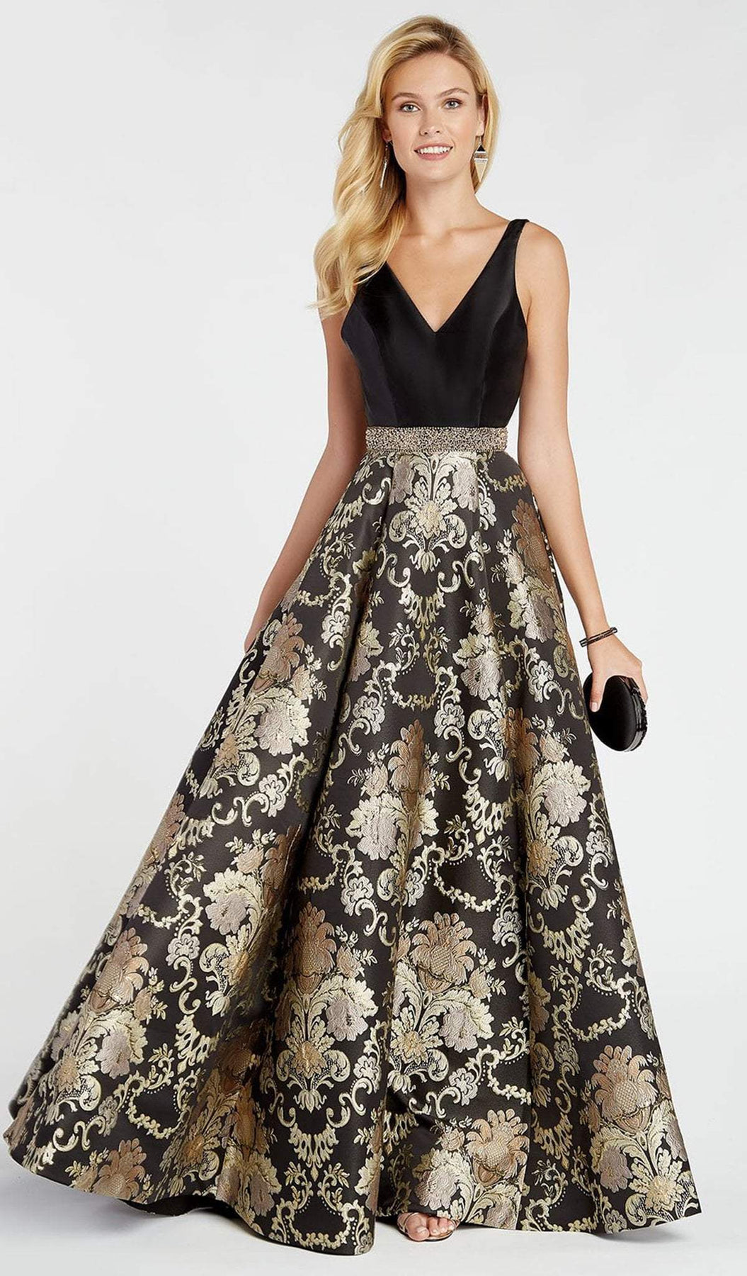 Alyce Paris - 60399 Sleeveless Floral Brocade A-Line Gown In Black and Gold