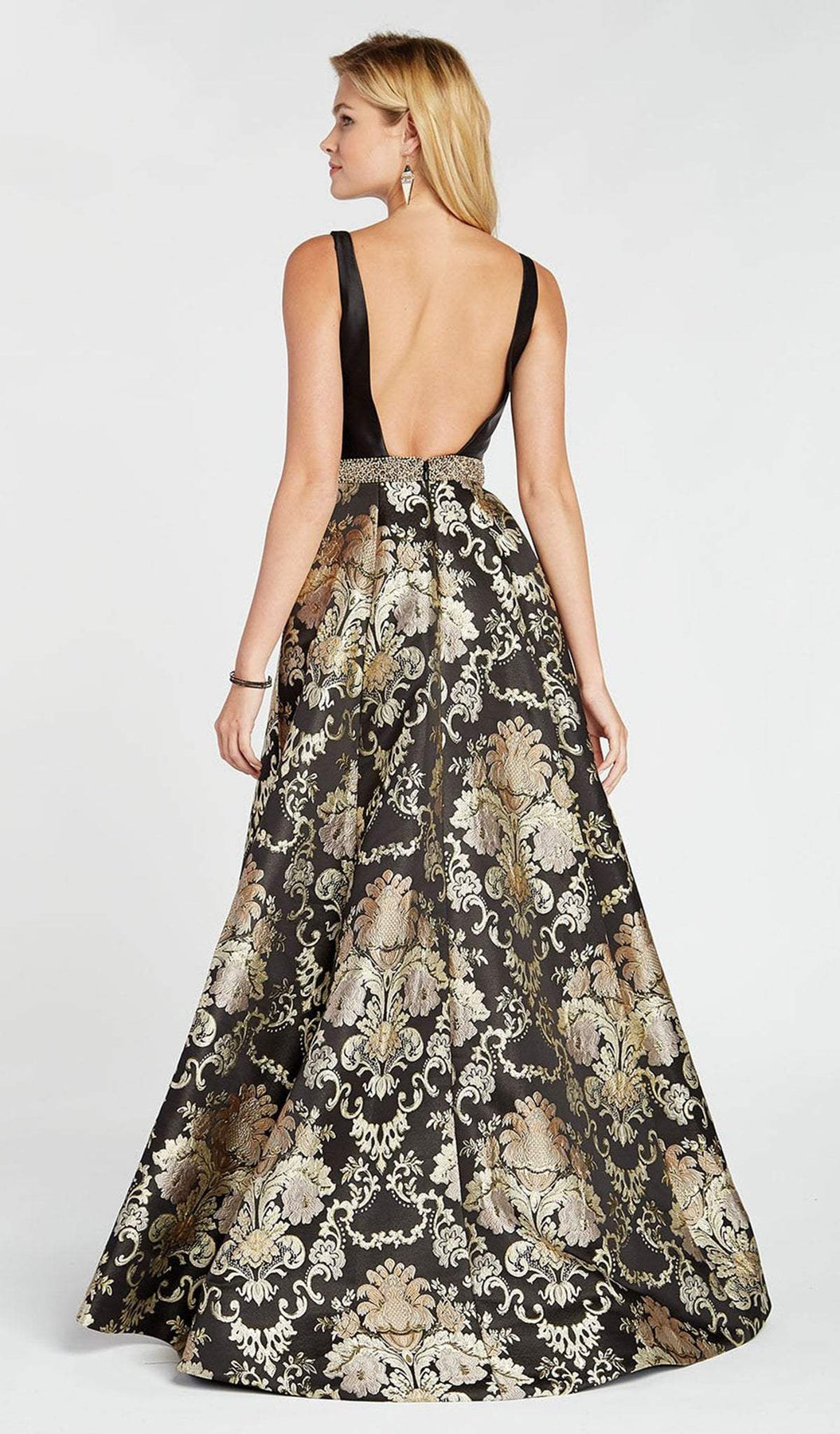 Alyce Paris - 60399 Sleeveless Floral Brocade A-Line Gown In Black and Gold