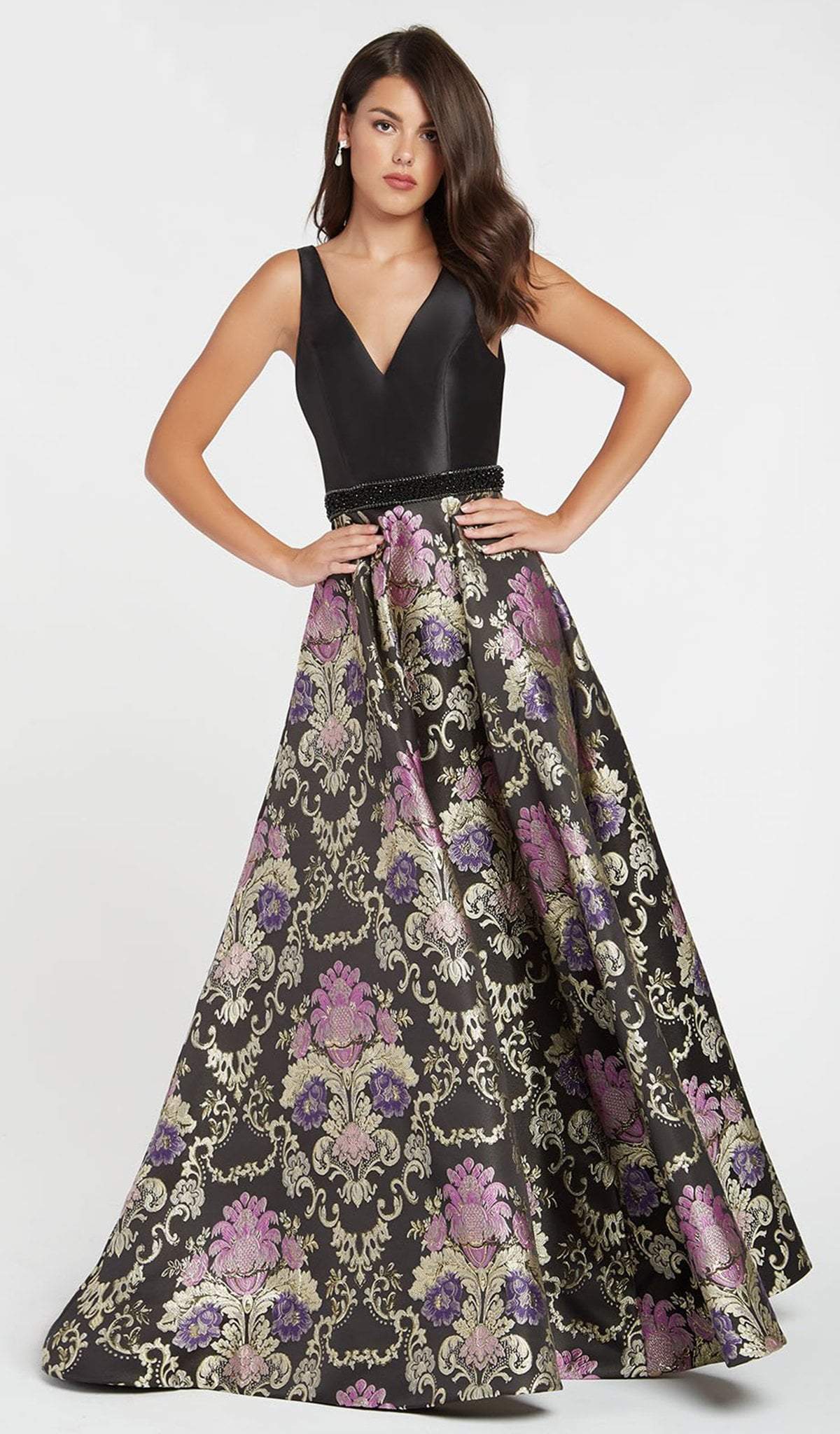 Alyce Paris - 60399 Sleeveless Floral Brocade A-Line Gown In Black and Purple