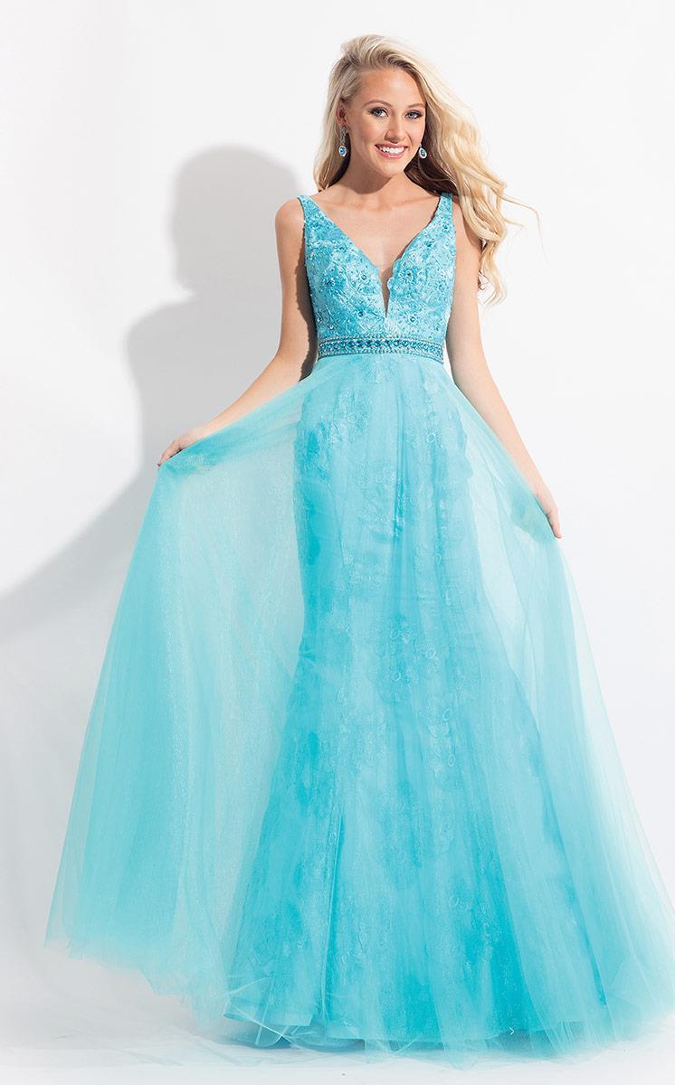 Rachel Allan - 6039 Lace Deep V-neck Mermaid Dress in Blue